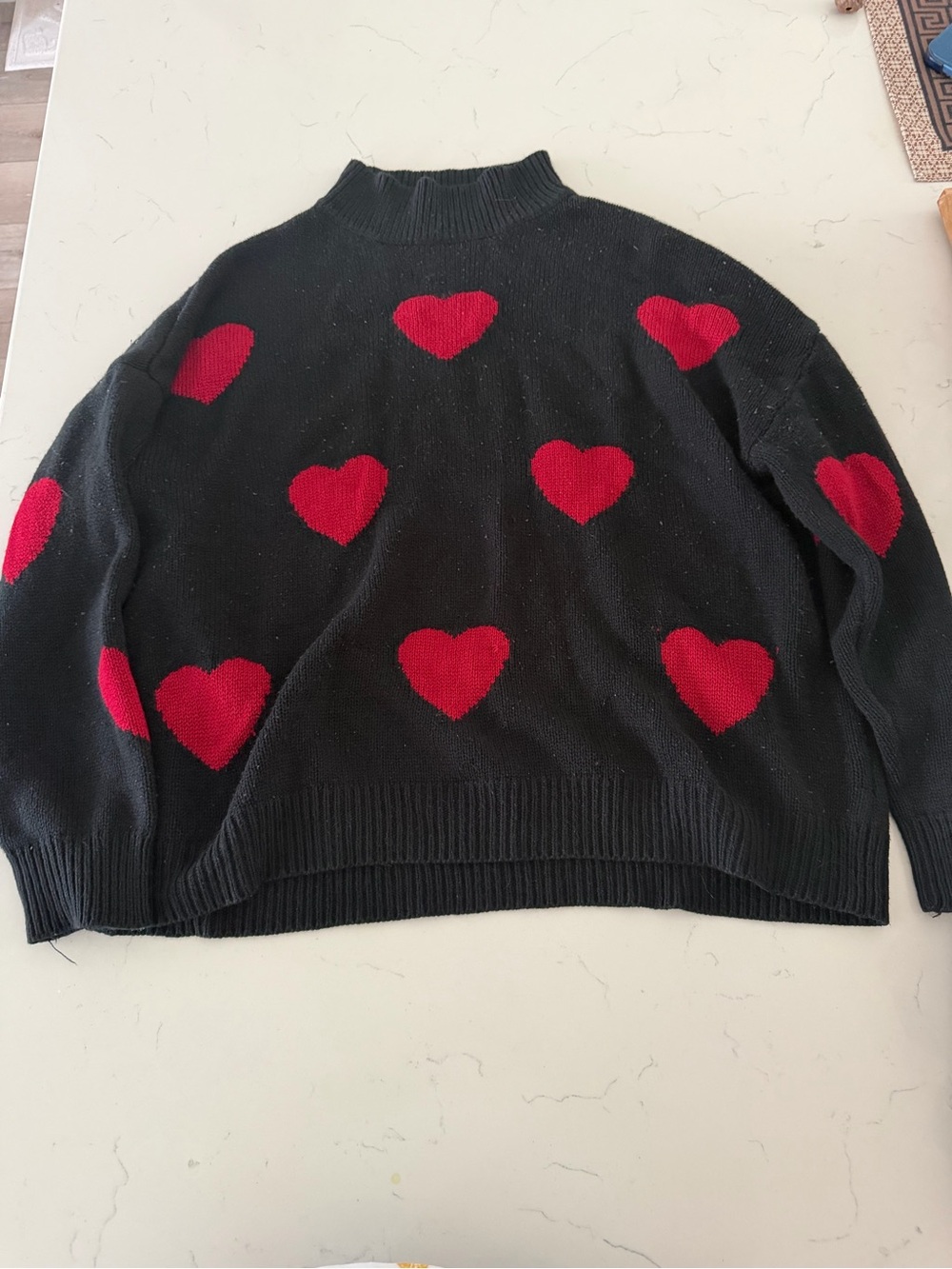 Cozy Heart-Pattern Black Turtleneck Sweater with Red Hearts